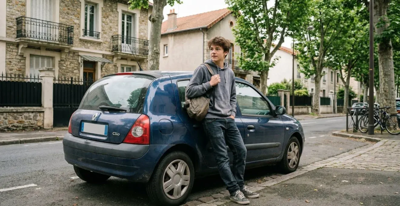 Adolescent près d'une voiture sans permis en rue résidentielle