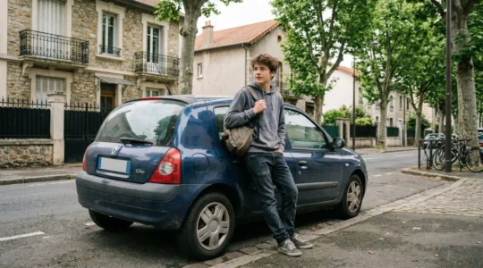 Adolescent près d'une voiture sans permis en rue résidentielle