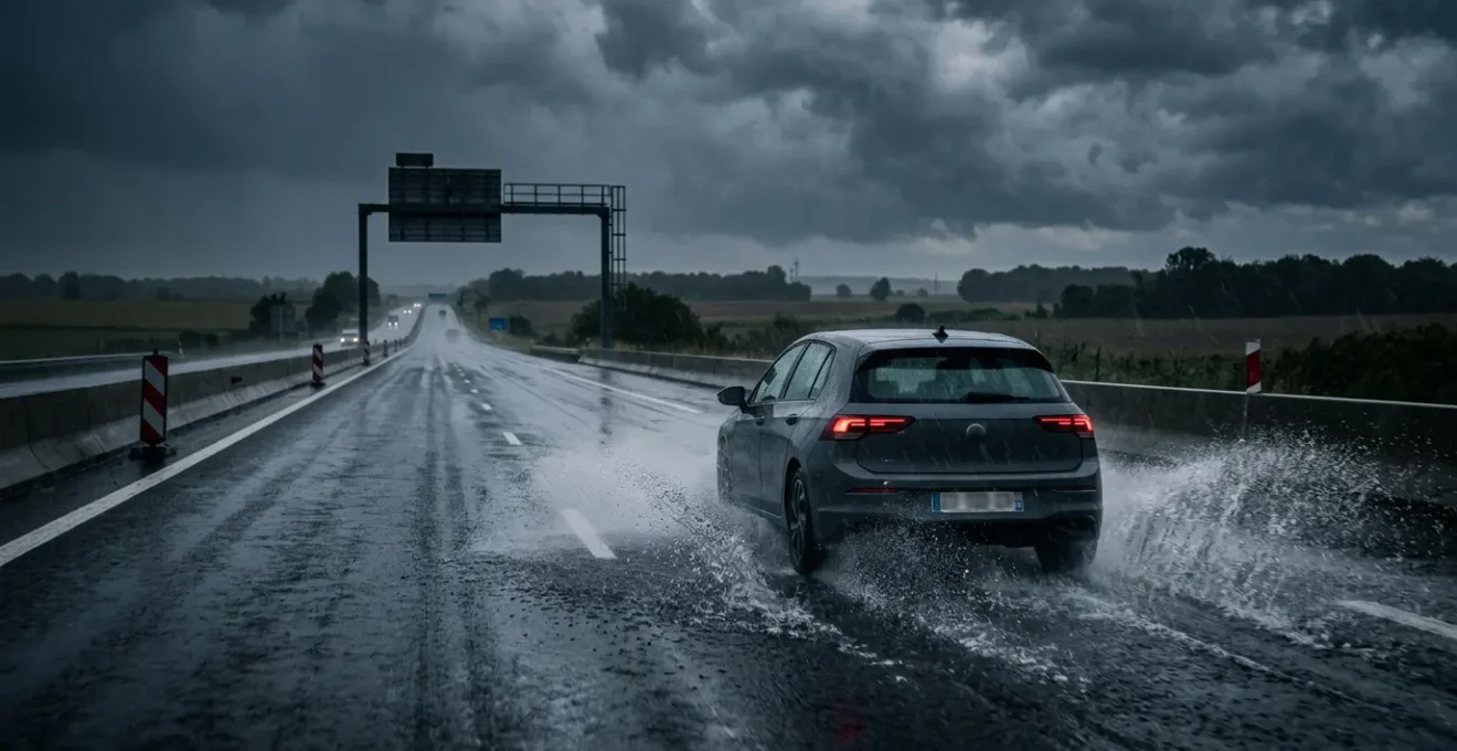 Véhicule sur autoroute mouillée en situation critique d'aquaplaning