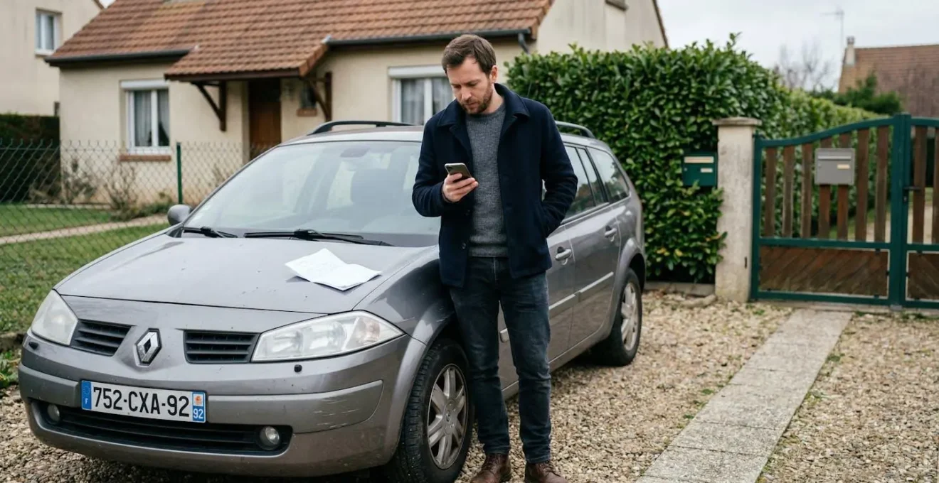Automobiliste consultant sa carte grise près de son véhicule pour préparer un devis assurance auto