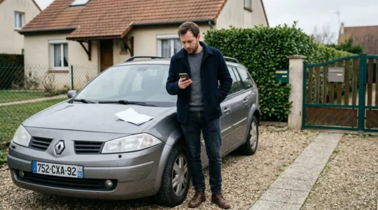 Automobiliste consultant sa carte grise près de son véhicule pour préparer un devis assurance auto