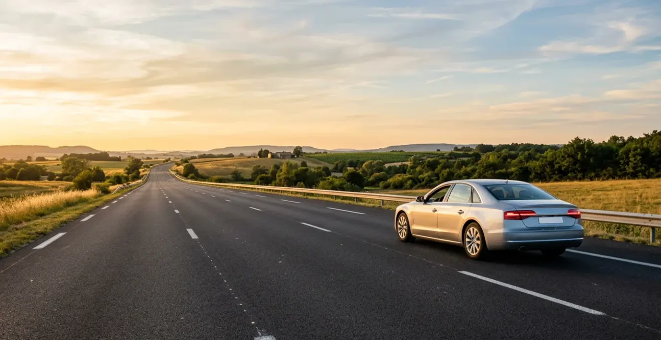 Berline élégante sur autoroute française au coucher du soleil