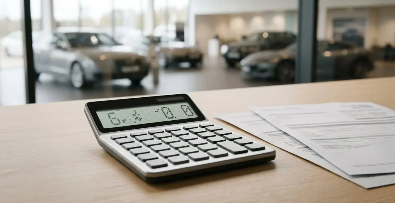 Calculatrice et documents fiscaux automobiles avec modèle de voiture floue en arrière-plan