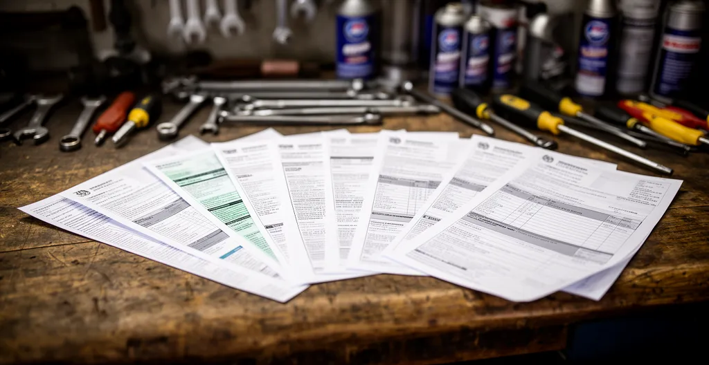 Vue rapprochée d'un dossier de factures d'entretien automobile organisé sur une table de garage avec outils flous en arrière-plan