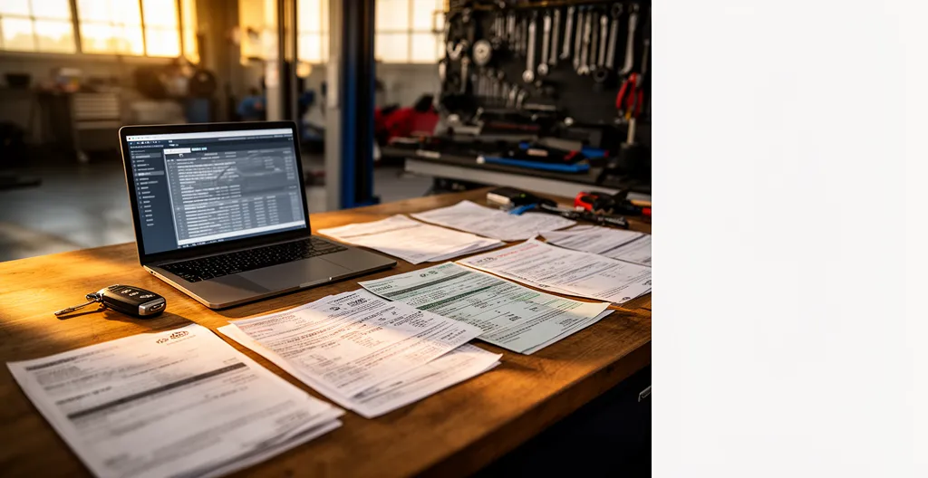 Espace de travail avec documents d'entretien automobile et outils de vérification pour reconstituer l'historique du véhicule