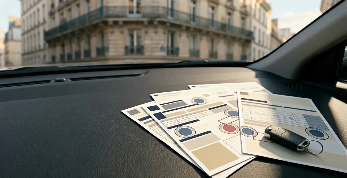 Document de carte grise française posé sur un tableau de bord avec clés de voiture