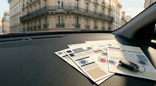 Document de carte grise française posé sur un tableau de bord avec clés de voiture