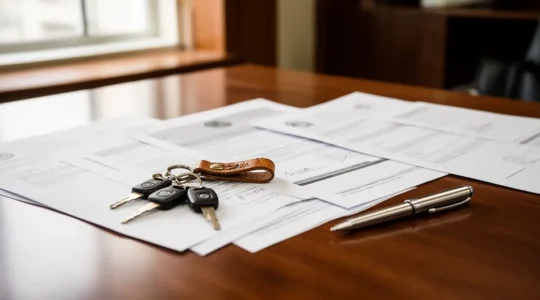 Vue détaillée d'un bureau avec documents administratifs automobiles et clés de voiture