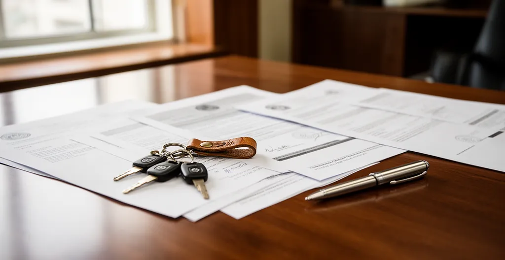 Vue détaillée d'un bureau avec documents administratifs automobiles et clés de voiture