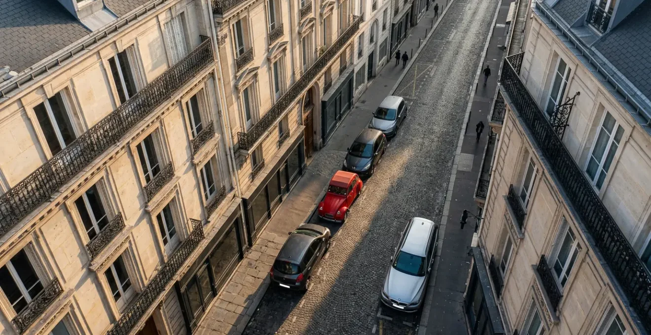 Petite citadine rouge garée dans une rue parisienne étroite avec immeubles haussmanniens en arrière-plan
