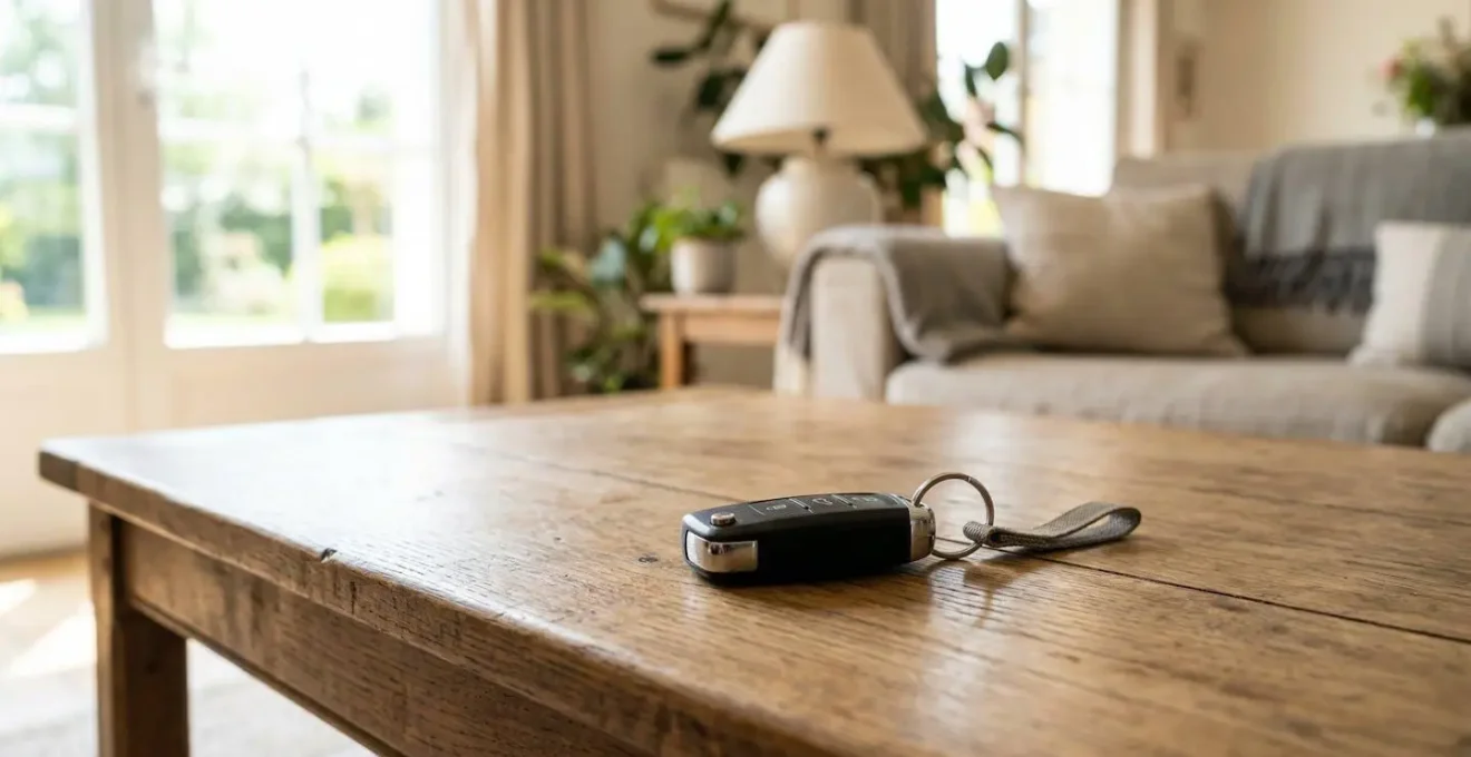 Clés de voiture posées sur une table basse dans un salon français lumineux