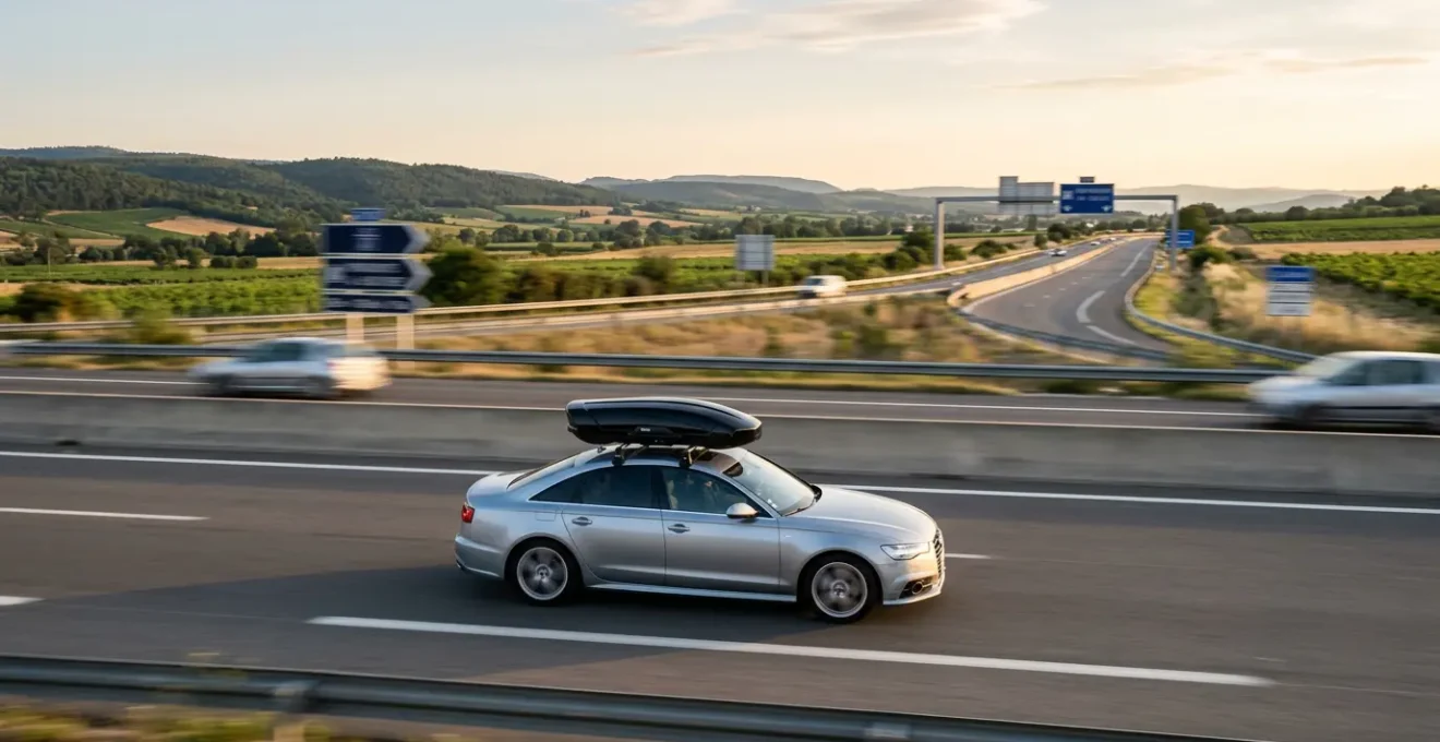 Voiture avec coffre de toit aérodynamique sur l'autoroute française lors d'un voyage estival