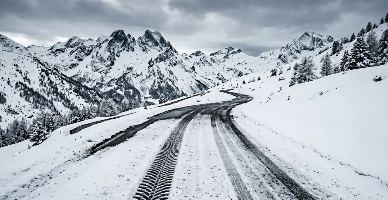 Vue comparative de pneus hiver et 4 saisons avec marquage 3PMSF sur route de montagne enneigée