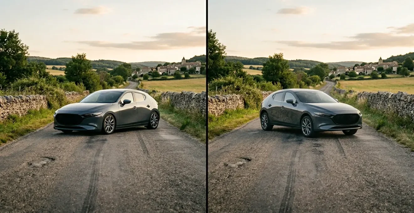 Comparaison visuelle entre une suspension sport et confort sur route de campagne française