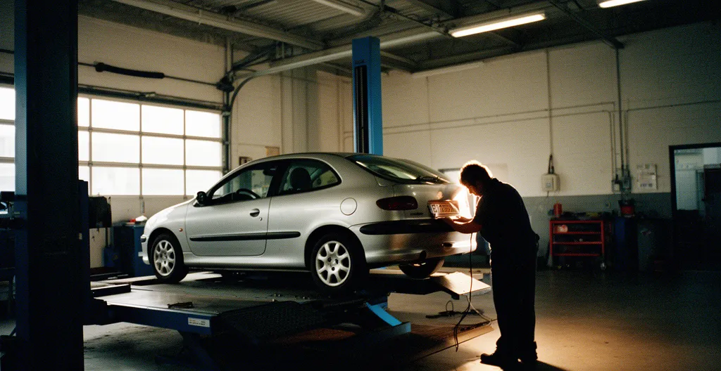 Vue d'ensemble d'un garage de contrôle technique avec une voiture de 10 ans en inspection