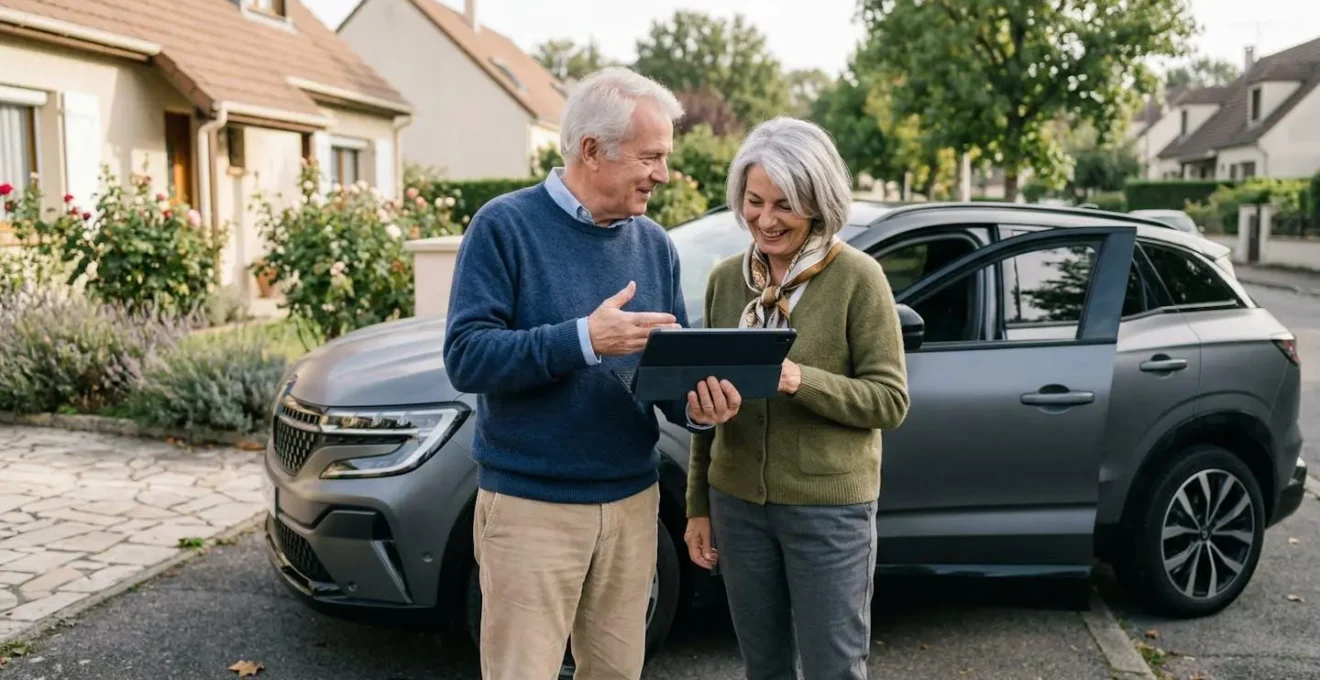 Couple senior français échangeant près de leur SUV dans une allée résidentielle