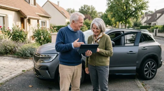 Couple senior français échangeant près de leur SUV dans une allée résidentielle