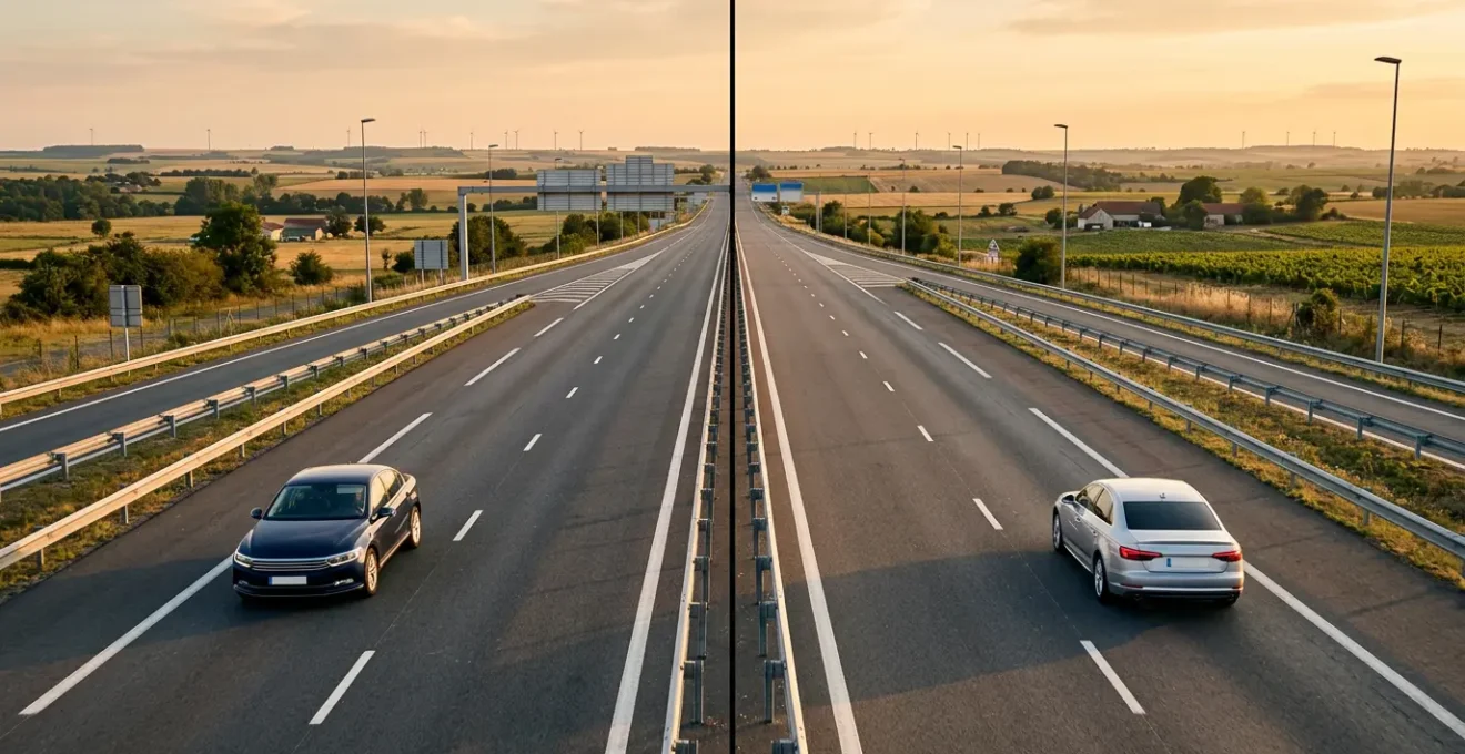 Deux berlines sur autoroute représentant le choix entre diesel et essence pour un gros rouleur