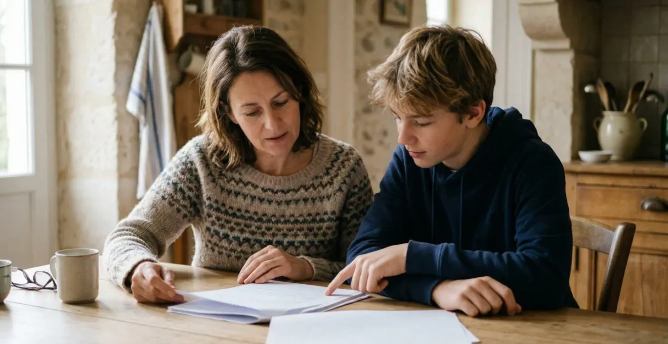 Mère et fils étudiant un document d'assurance sur la table de la cuisine