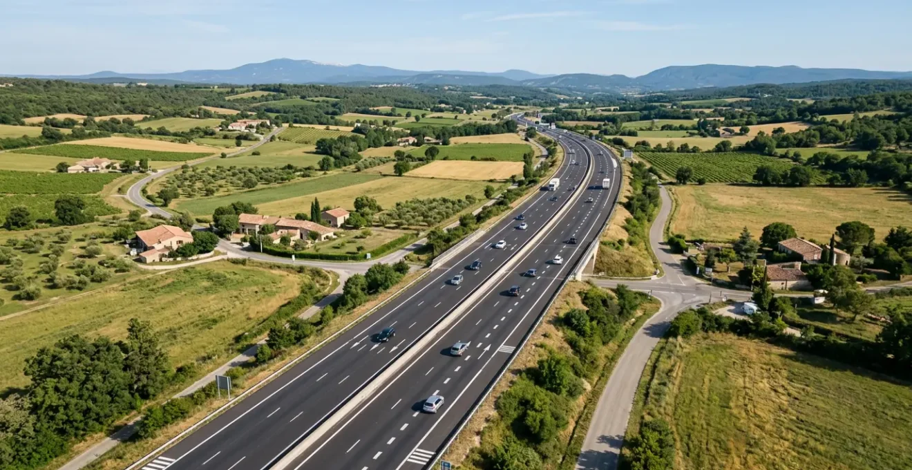 Vue aérienne d'une autoroute française avec marquage au sol montrant les distances de sécurité entre véhicules