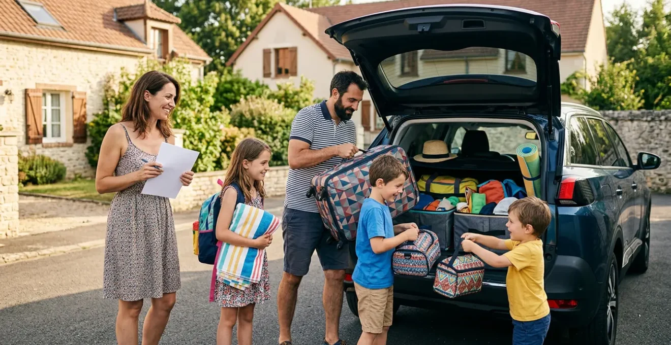 Famille organisant le chargement de leur voiture pour les vacances avec trois enfants