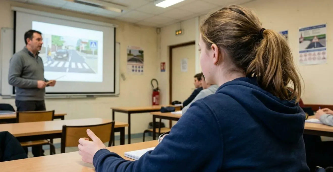 Jeune élève et instructeur en salle de formation auto-école