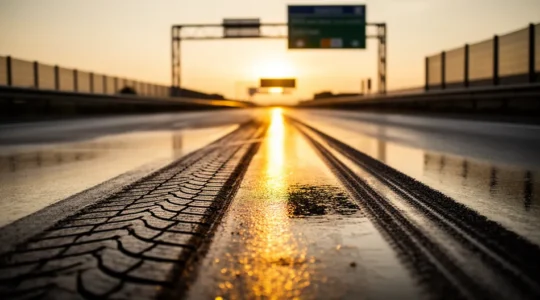 Freinage d'urgence sur autoroute française avec traces de pneus sur asphalte mouillé