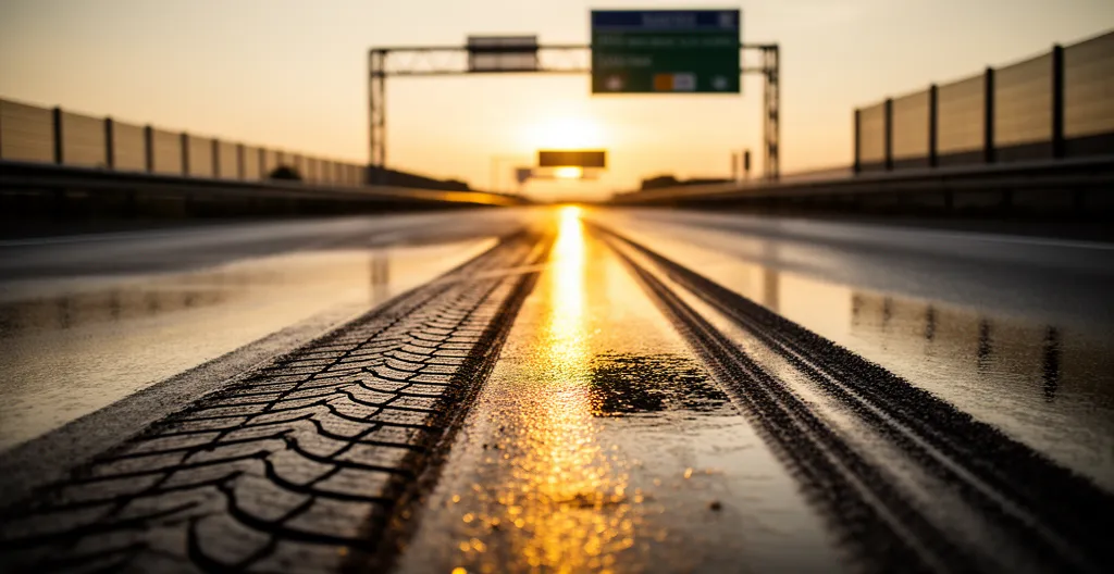 Freinage d'urgence sur autoroute française avec traces de pneus sur asphalte mouillé
