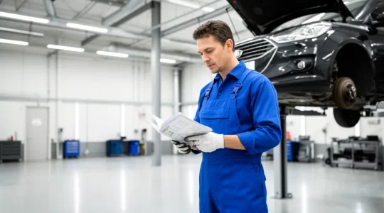 Un garagiste en combinaison bleue vérifie le carnet d'entretien d'une voiture dans un atelier moderne avec outils et équipements visibles