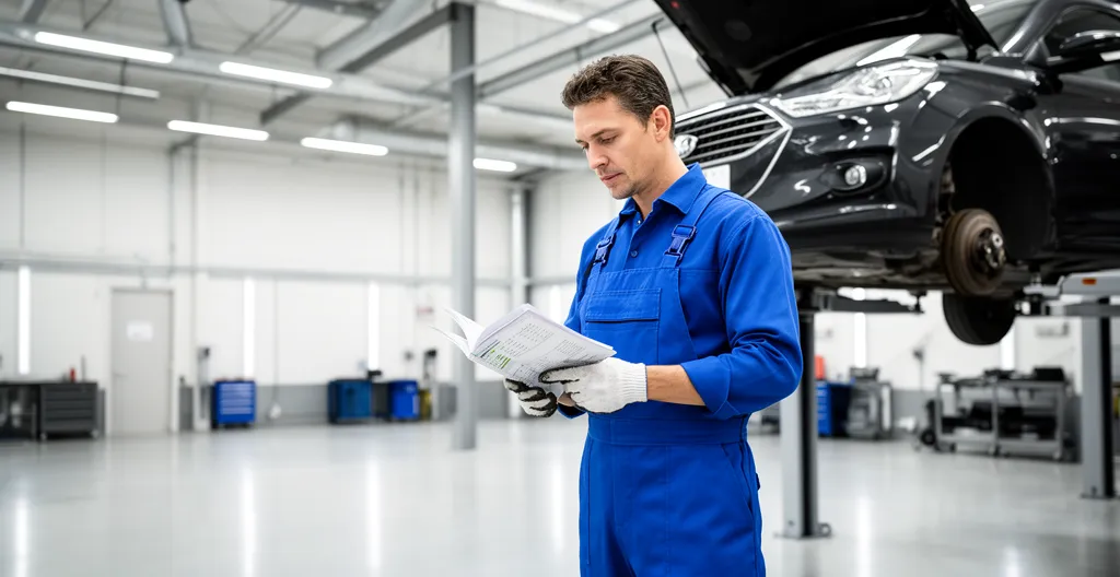 Un garagiste en combinaison bleue vérifie le carnet d'entretien d'une voiture dans un atelier moderne avec outils et équipements visibles