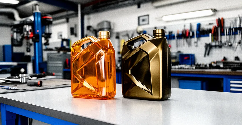 Bidons d'huile moteur 5W30 et 10W40 dans un atelier automobile avec outils professionnels