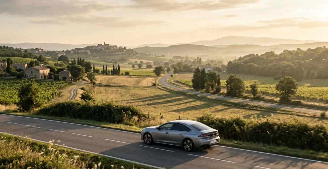 Voiture diesel moderne sur route française avec indicateur de consommation de carburant affichant des performances exceptionnelles