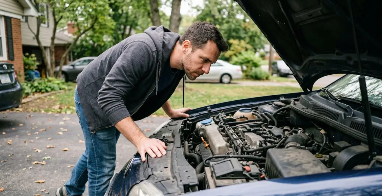 Acheteur inspectant le compartiment moteur d'une voiture d'occasion avant assurance