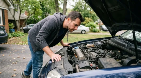 Acheteur inspectant le compartiment moteur d'une voiture d'occasion avant assurance