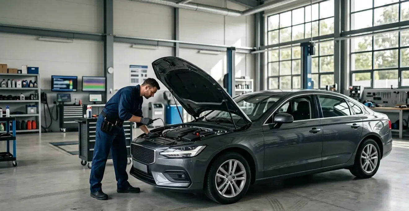 Mécanicien inspectant le moteur d'une voiture d'occasion dans un garage professionnel