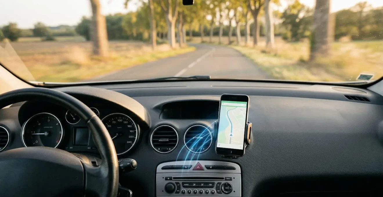 Intérieur d'une voiture de 2010 avec tableau de bord et console centrale montrant une connexion Bluetooth moderne