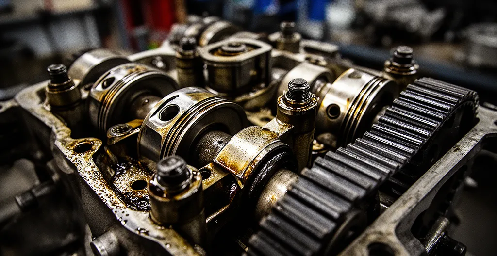 Vue rapprochée d'un moteur automobile avec ses composants mécaniques et outils d'entretien dans un garage professionnel
