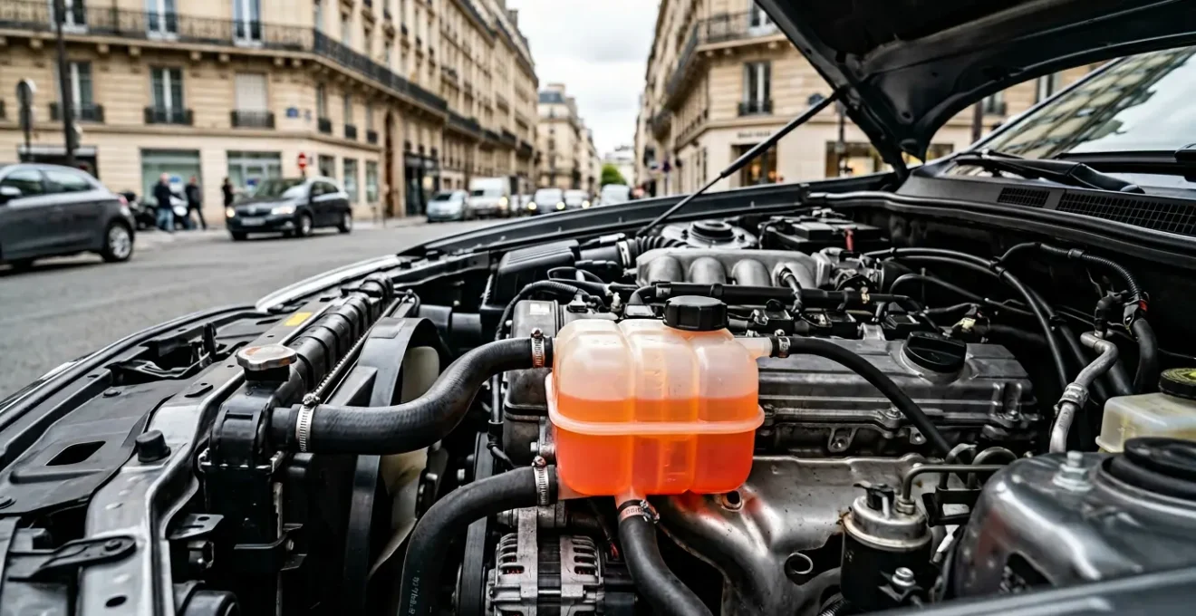 Radiateur de voiture et système de refroidissement avec liquide coloré dans un environnement urbain français