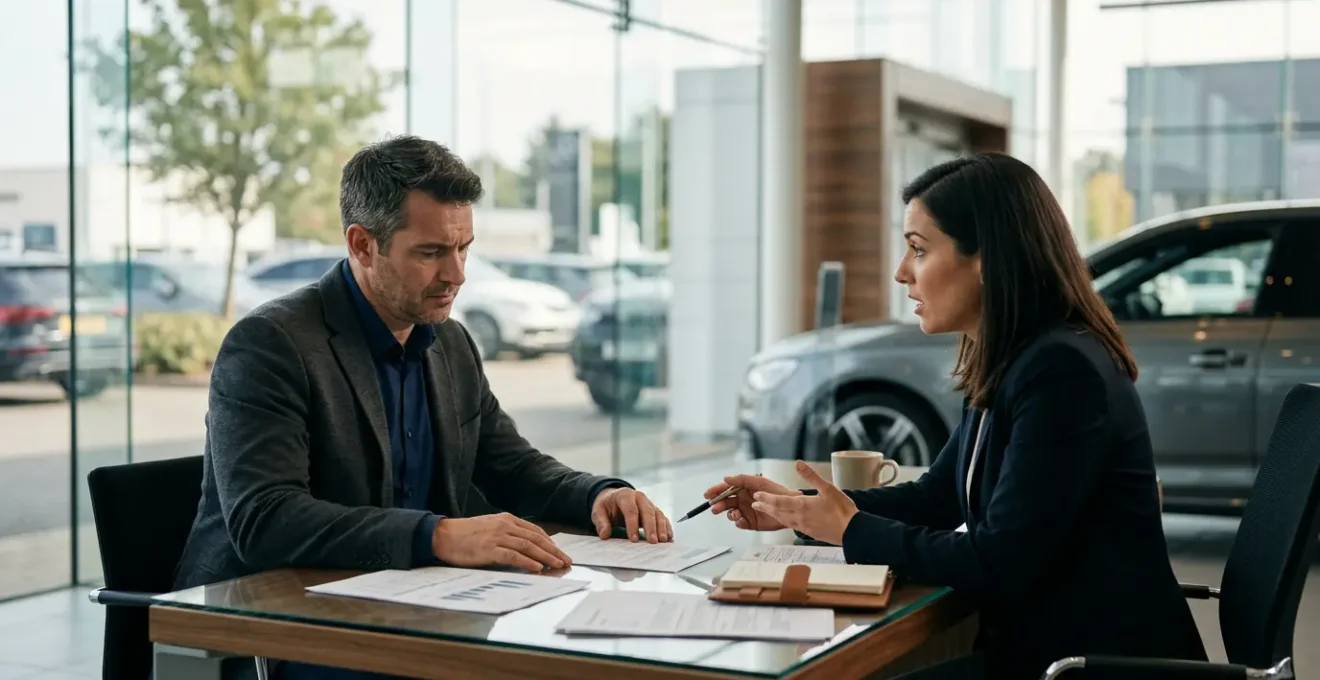 Vue d'une négociation de reprise automobile dans un showroom moderne avec client et conseiller commercial