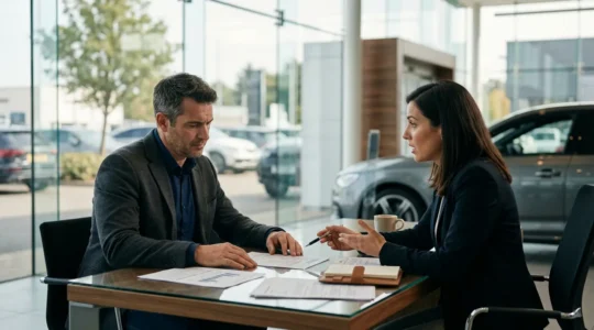 Vue d'une négociation de reprise automobile dans un showroom moderne avec client et conseiller commercial