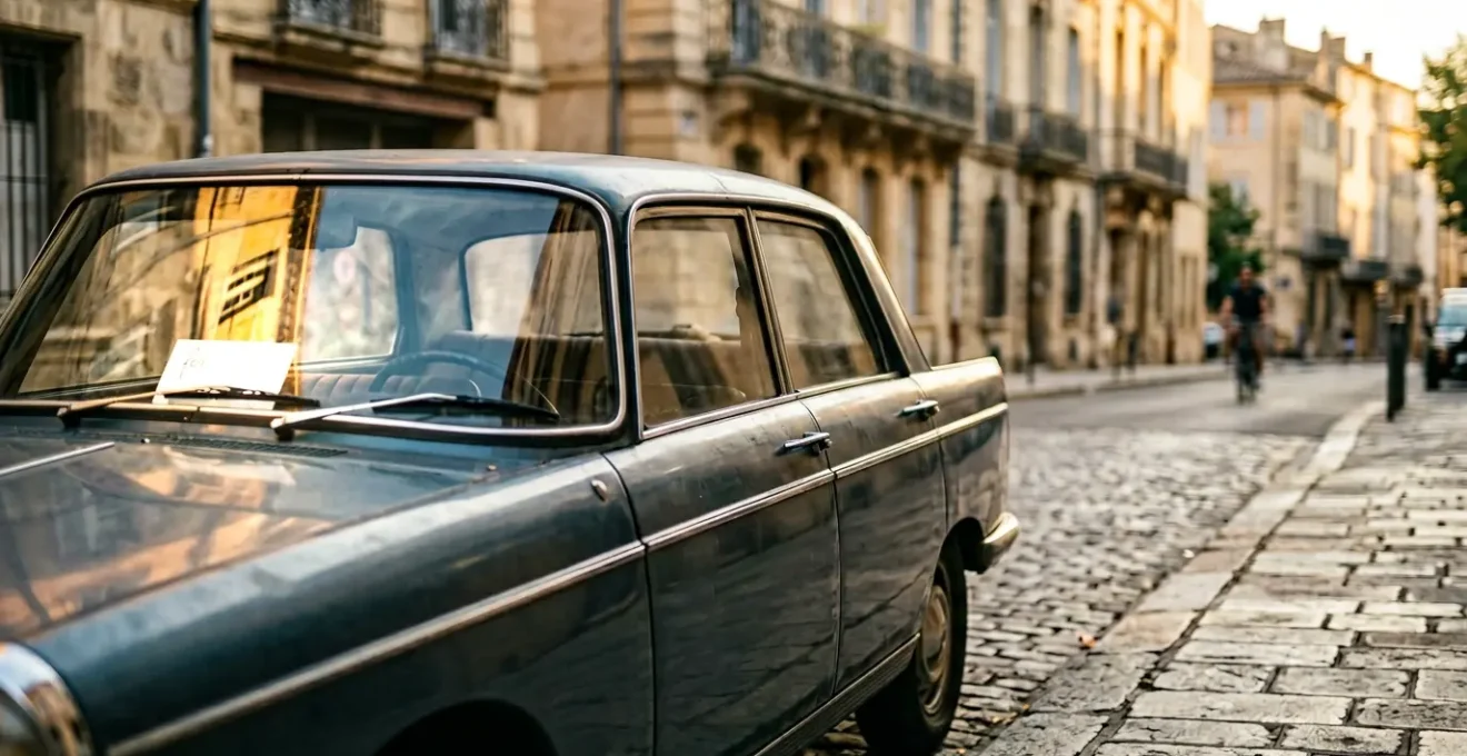Panneau 'à vendre' sur le pare-brise d'une voiture avec reflets de lumière dorée