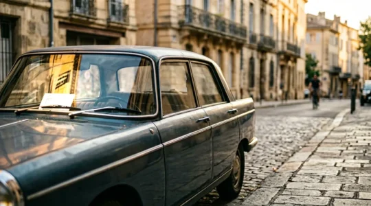 Panneau 'à vendre' sur le pare-brise d'une voiture avec reflets de lumière dorée