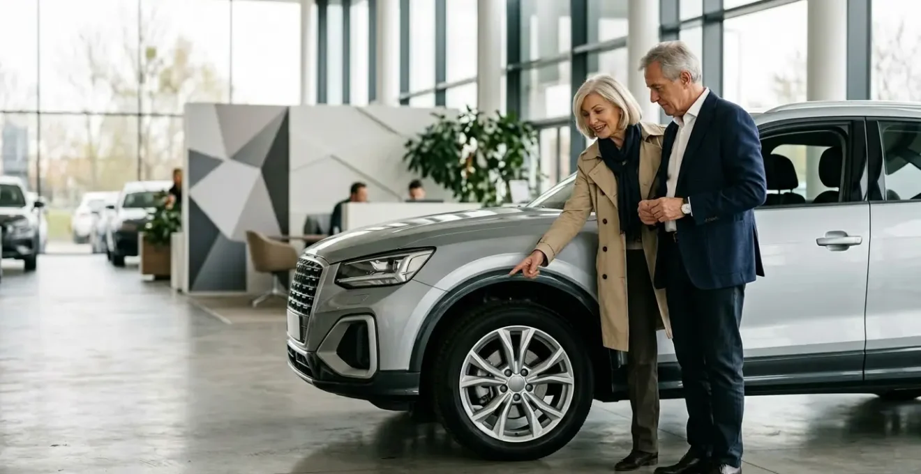 Senior observant un crossover dans une concession automobile moderne