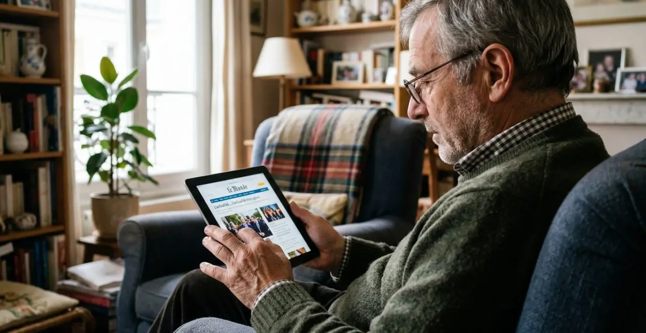 Senior consultant une tablette dans son salon pour comparer les formules d'assurance auto