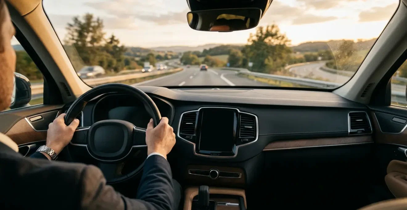 Vue intérieure d'une voiture moderne avec tableau de bord numérique et écran tactile