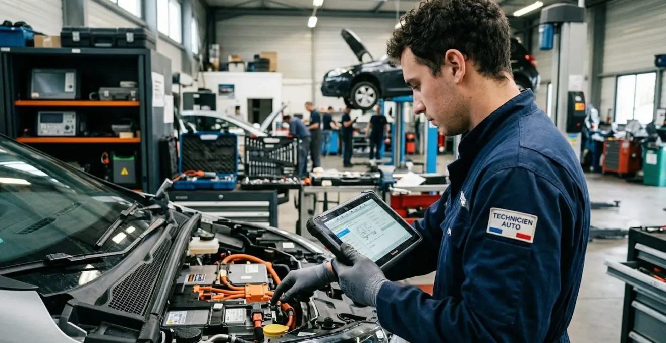 Technicien automobile réalisant un diagnostic sur batterie de véhicule électrique