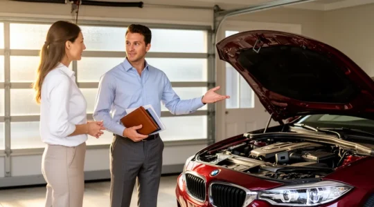 Vendeur particulier présentant sa voiture dans un garage propre et bien éclairé