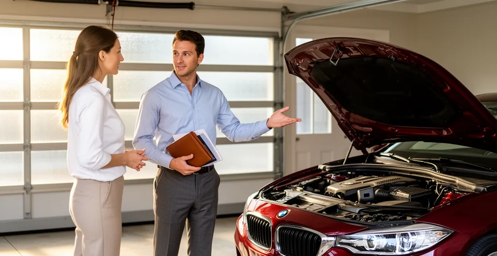 Vendeur particulier présentant sa voiture dans un garage propre et bien éclairé