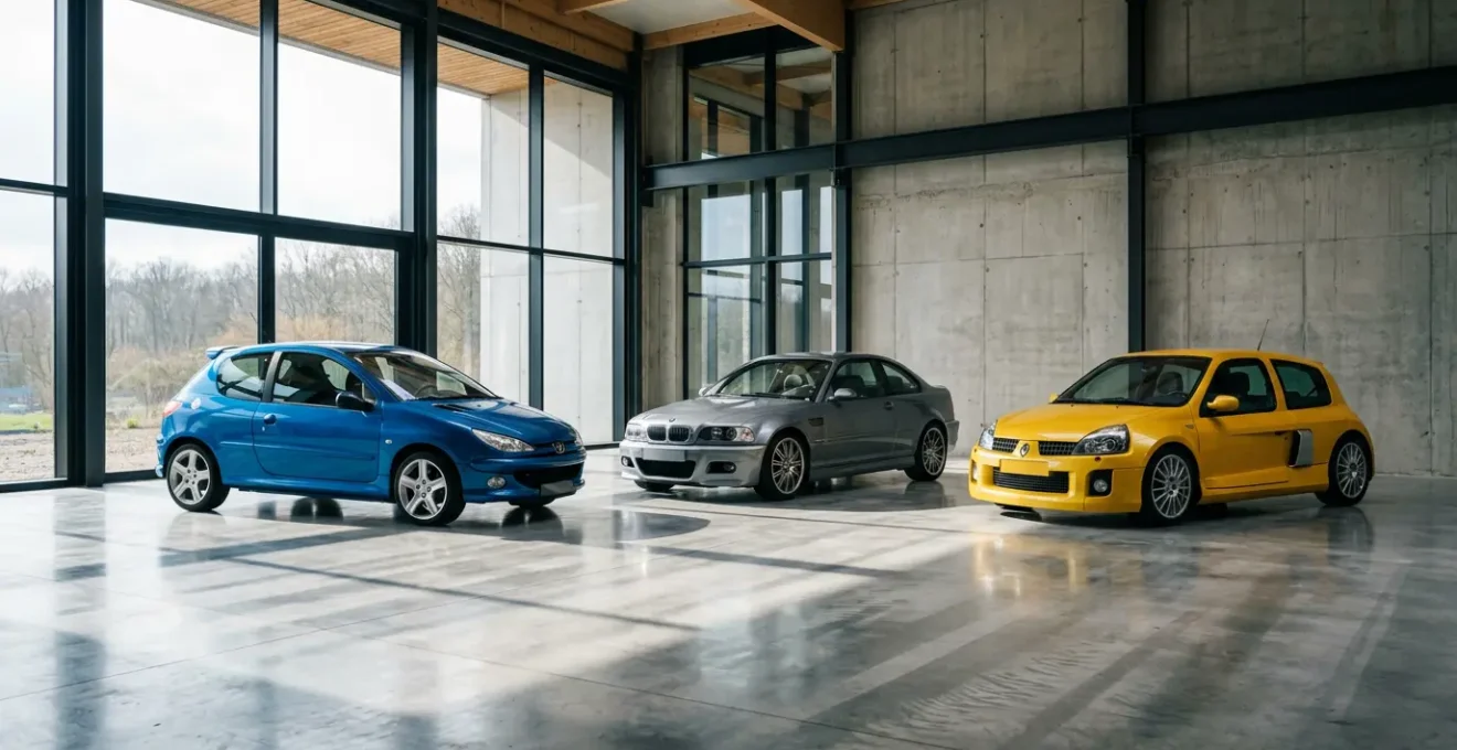 Voitures youngtimers années 2000 alignées dans un garage de collection éclairé