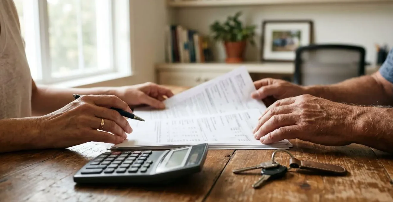 Mains tenant des documents administratifs avec calculatrice et clés de voiture sur un bureau